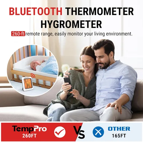 Miniatura 3 de TempPro Termómetro higrómetro para casa, termómetro de invernadero interior Bluetooth para habitación de hasta 260 pies, medidor de humedad