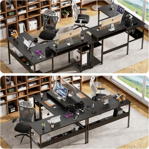 Miniatura 4 de Unikito Escritorio reversible en forma de L con tomas de corriente mágicas y luz LED inteligente, escritorio de esquina para computadora robusto