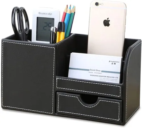 KINGFOM Organizador de escritorio caddy de suministros de oficina de cuero PU, caja de almacenamiento multifunción para bolígrafo/lápiz, teléfono