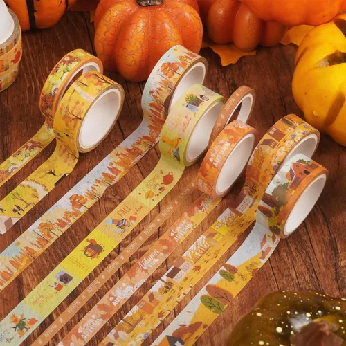 Miniatura 4 de Juego de 18 rollos de cinta Washi de otoño, adornos estampados de otoño, cintas adhesivas decorativas amarillas para artes, manualidades, diarios