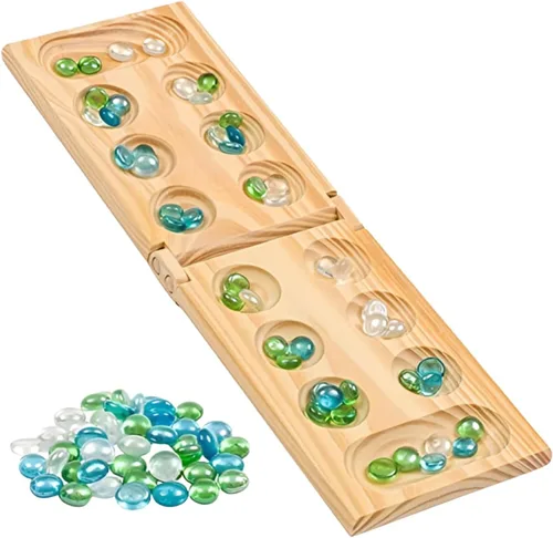Juego de mesa Mancala de Regal Games - Divertido juego de mesa clásico con tablero de madera para adultos y niños - 48 cuentas de Mancala de cristal