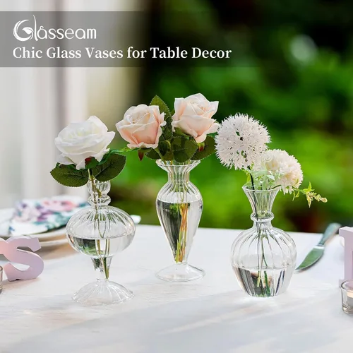 Miniatura 2 de Glasseam Jarrones pequeños de cristal: juego de 3 jarrones transparentes acanalados para flores de rosas individuales, mini centros de mesa modernos