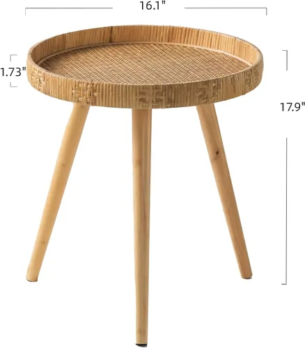 Miniatura 3 de Mesa auxiliar redonda, mesa auxiliar circular bohemia con patas de madera maciza, mesas auxiliares de ratán, sala de estar para espacios pequeños