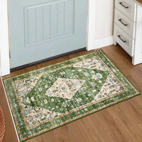 Lahome Alfombra tribal bohemia de 2 x 3 pies, alfombra verde pequeña para entrada, suave, antideslizante, lavable, alfombra de baño bohemia de pelo