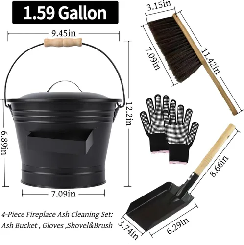 Miniatura 2 de Kit de limpieza de estufa y chimenea de 4 piezas: cubo de ceniza pequeño de 1.59 galones, cepillo, guantes, juego de herramientas de paleta