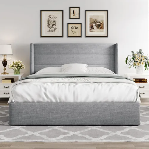 Miniatura 8 de Allewie Cama de almacenamiento elevable de tamaño completo, cabecera moderna con respaldo alado, soporte hidráulico, no necesita somier, gris claro