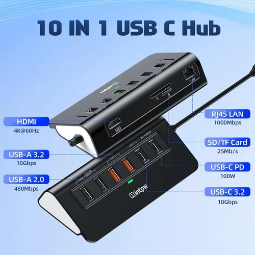 Miniatura 2 de intpw P9R PRO USB C Hub Ethernet, Estación de acoplamiento USB C de 10Gbps 10-en-1 con HDMI 4K@60Hz, Tipo-C y 2 USB A 3.2 Datos, LAN, 2 USB A 2.0