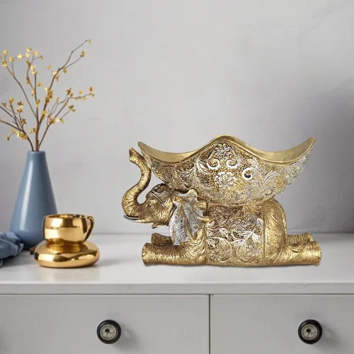 Miniatura 5 de Estatua de elefante con bandeja de almacenamiento, escultura de figura dorada, decoración del hogar de inspiración africana para sala de estar