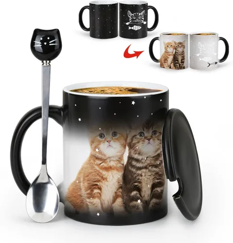 Miniatura 2 de Tazas únicas para gatos, tazas de café que cambian de color de 11 onzas – The Fish is Delicious – Taza de Halloween con tapa negra y cuchara