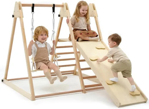 OLAKIDS Gimnasio de la selva para interiores, 4 en 1, plegable de madera Montessori, juguetes de escalada para bebés, con rampa deslizante para