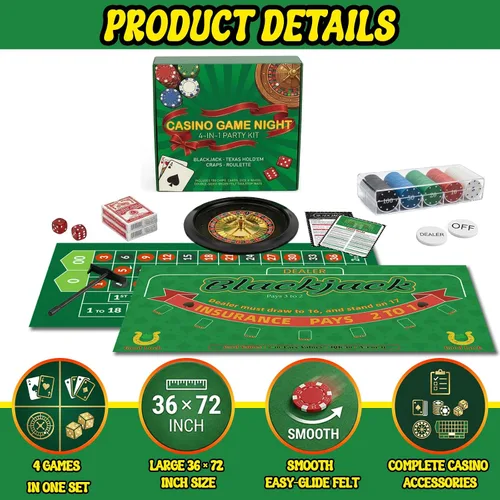 Miniatura 3 de Casino Night - Juego completo 4 en 1 con 2 alfombrillas de fieltro de doble cara (36 x 72 pulgadas), rueda de ruleta de 10 pulgadas, 200 fichas