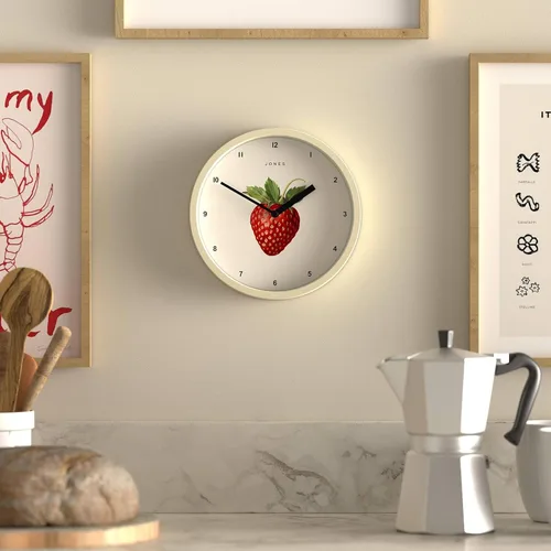 Miniatura 2 de JONES CLOCKS® Reloj de pared de frutas Reloj redondo pequeño 8 pulgadas Crema Arte botánico ilustrado de fresa Ideal para cocina y comedor.