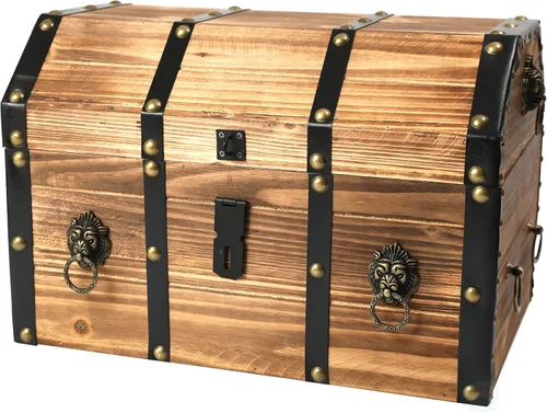 Vintiquewise Cofre del Tesoro de Madera Estilo Vintage con Correas de Cuero, Remaches de Latón, Adornos de Cabeza de León y Cierre de Pestillo;