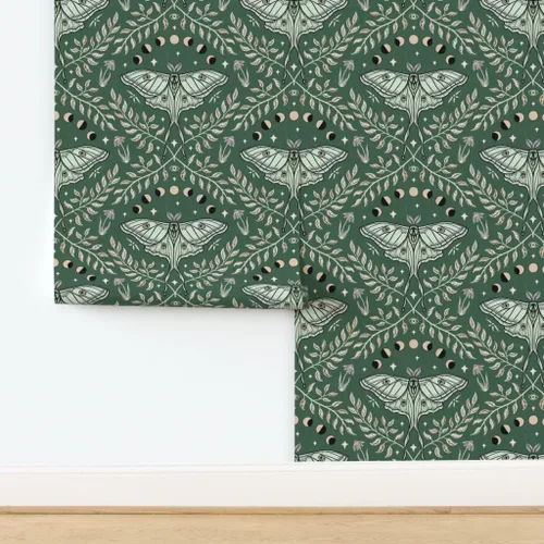 Miniatura 4 de Spoonflower Papel tapiz autoadhesivo de 12 x 2 pies – Polillas Damasco Luna Verde Oliva Hojas Grandes Celestial Papel tapiz extraíble personalizado