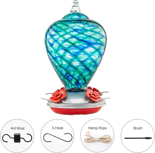 Miniatura 2 de Comederos para Colibríes, 34 OZ Comedero de Vidrio Soplado a Mano para Colibríes para Exteriores Colgante con Ganchos de Foso Antihormigas, Perfecto