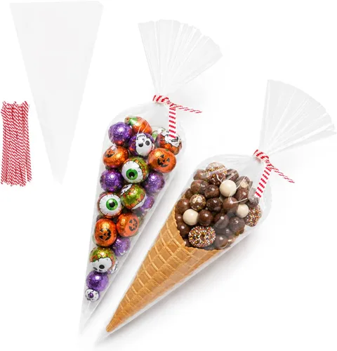 Miniatura 15 de EKAPACKAGING 50 bolsas de celofán para dulces en forma de cono con estampado de estrella de 7x15 pulgadas, con cierre giratorio triangular, bolsas