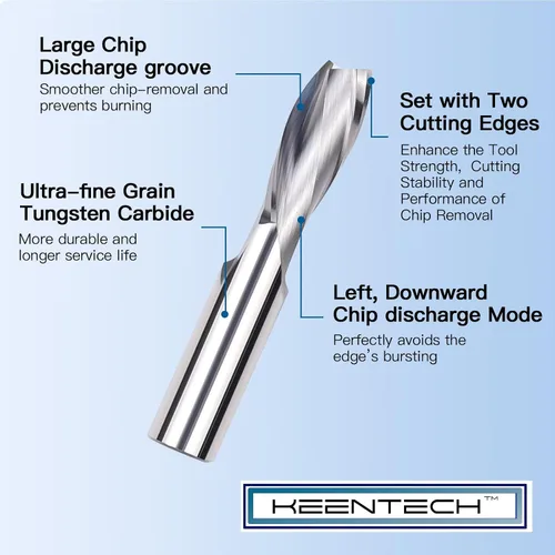 Miniatura 3 de KEENTECH Broca de enrutador Sprial de punta plana de 2 flautas de corte descendente de 0.118 in para máquina enrutadora CNC, diámetro de corte