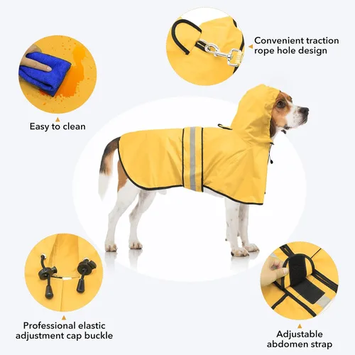 Miniatura 3 de Impermeable reflectante para perros – Impermeable ajustable para perros, impermeable ligero con capucha para perro, poncho chubasquero, chaqueta