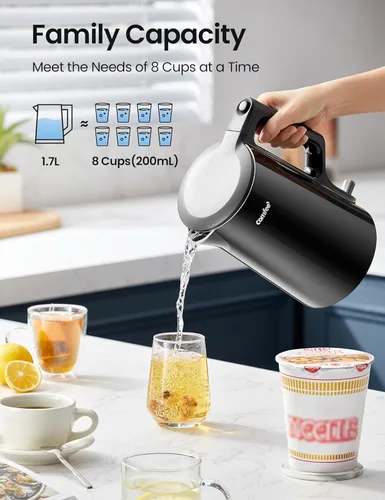Miniatura 8 de COMFEE' Hervidor eléctrico de té de 1.7L de doble pared y caldera de agua eléctrica, 100% acero inoxidable interior y tapa y caño, tapa de dos Pared
