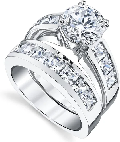 Miniatura 2 de Set de anillos de compromiso de plata esterlina con ronda y corte princesa de circonia cúbica