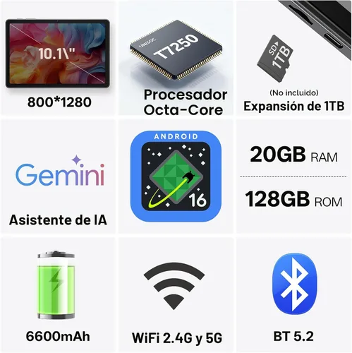 Miniatura 2 de Tablet de 10.1 pulgadas, tableta Android 16 con procesador Octa-Core, 20GB RAM 128GB ROM 1 TB expandible, pantalla táctil HD IPS de 1280x800