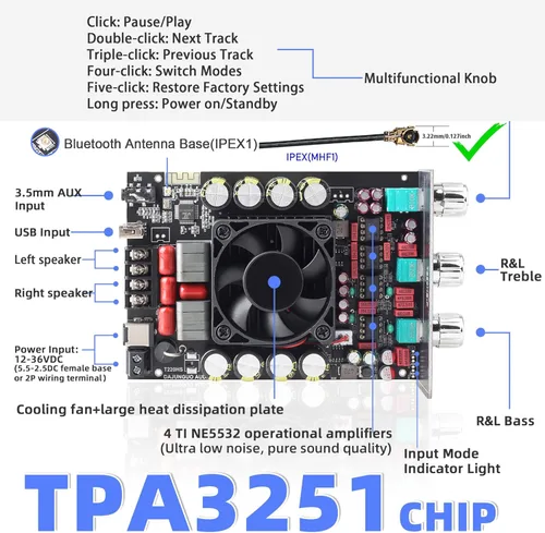 Miniatura 2 de Tablero amplificador de audio de 440 W con control de agudos y graves, chips TPA3251, CC 12-36V, entradas Bluetooth 5.2 y AUX, placa AMP estéreo