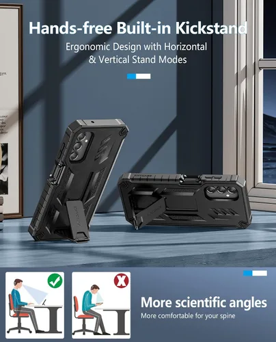Miniatura 4 de FNTCASE Funda para Samsung Galaxy A14-5G: Funda de TPU resistente con textura de doble capa a prueba de golpes con soporte Protección contra Negro