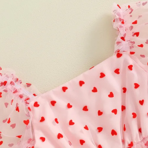 Miniatura 5 de Lesimsam Mameluco para bebé recién nacida, para el día de San Valentín, con estampado de corazón, de malla, manga abombada, traje de tul con diadema