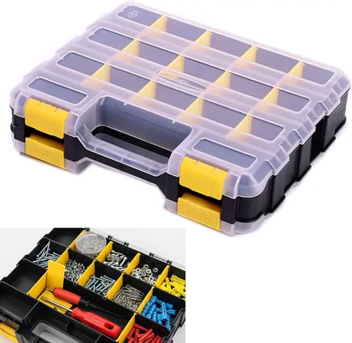 Caja organizadora de herramientas, caja de almacenamiento de piezas pequeñas, 34 compartimentos, organizadores de hardware de doble cara con Amarillo
