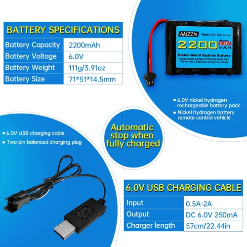 Miniatura 3 de 2 pilas AA NiMH de 6.0 V 2200 mAh con enchufe SM-2P y cargador USB para TB141 TB142 DE37 RC coche de juguete, excavadora RC, camión