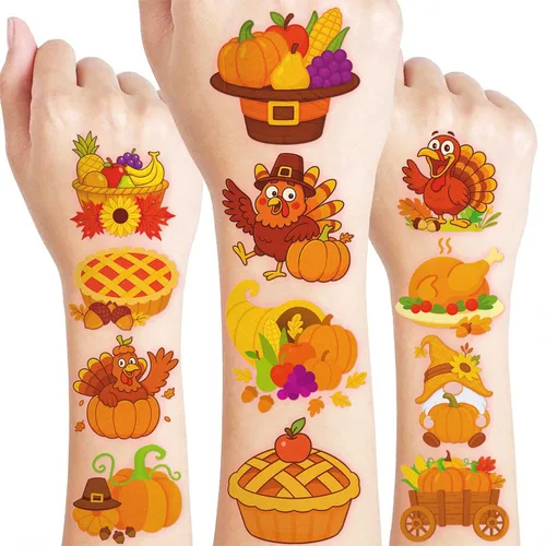 96 piezas de tatuajes temporales precortados de calabaza de hojas de otoño de Hello Fall para niños | Bonitos recuerdos de fiesta de cumpleaños