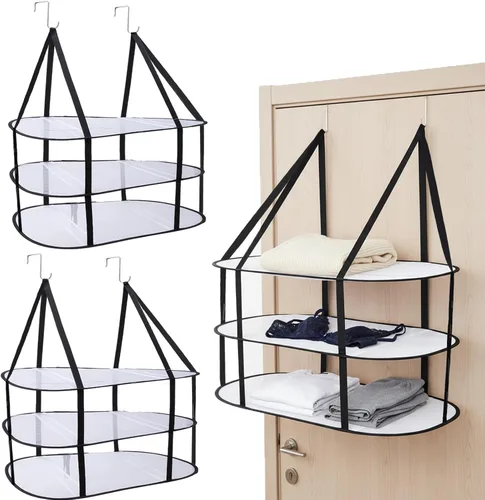 Escurridor de suéter de 3 niveles para colgar sobre la puerta, secadora plegable de malla plana con ganchos, colgador de secado de ropa transpirable