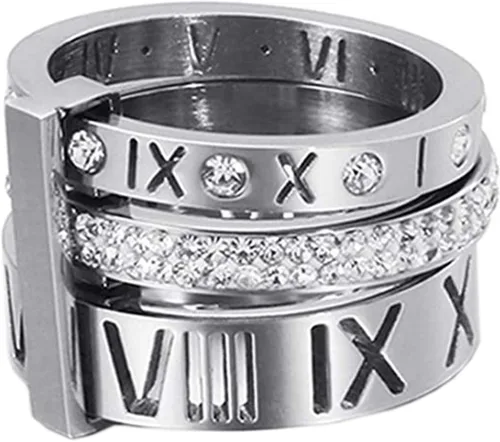 Miniatura 4 de Anillo Pamtier 3 en 1, de acero inoxidable y zirconia, con números romanos, para mujer