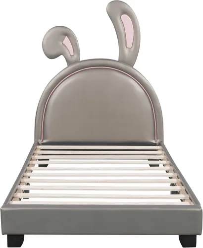 Miniatura 4 de Bonita cama tapizada de cuero con adorno de conejo, cama de plataforma de tamaño individual con cabecero y listones de madera, adecuada para niños