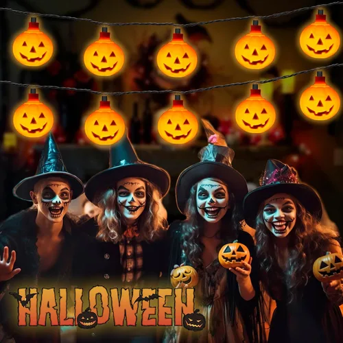 Miniatura 5 de Couah Guirnalda de luces LED de calabaza de Halloween, luces de linterna Jack O de 8.5 pies con 10 calabazas enchufables, impermeables