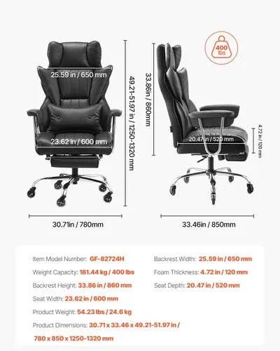 Miniatura 3 de VEVOR Silla de oficina ejecutiva con reposapiés, silla de oficina de gran tamaño de 400 libras con almohada lumbar y reposabrazos extraíbles, silla