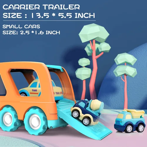 Miniatura 3 de Paquete de 9 autos de juguete para niños y niñas de 2, 3, 4, 5 años, camión de transporte grande con 8 pequeños camiones de tracción y lindos, juego