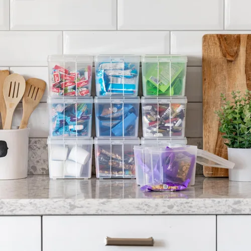Miniatura 3 de IRIS USA Contenedores de almacenamiento verticales de plástico con tapa abatible para despensa, hogar, oficina, organización, pequeños, organizador
