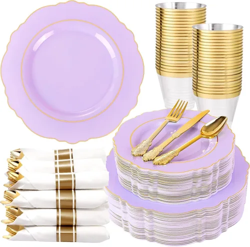 Miniatura 7 de Liacere 175 piezas Platos de Plástico Dorados - Blancos y Dorados Desechables, 50 PIEZAS Platos de Plástico para Cena, Perfectos para Bodas