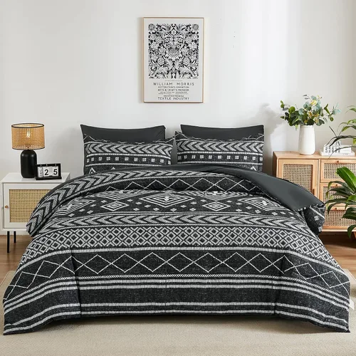 Miniatura 2 de Yiran - Juego de edredón tamaño Queen de 7 piezas, reversible negro, ropa de cama estilo boho azteca en una bolsa, juego de edredón suave y ligero