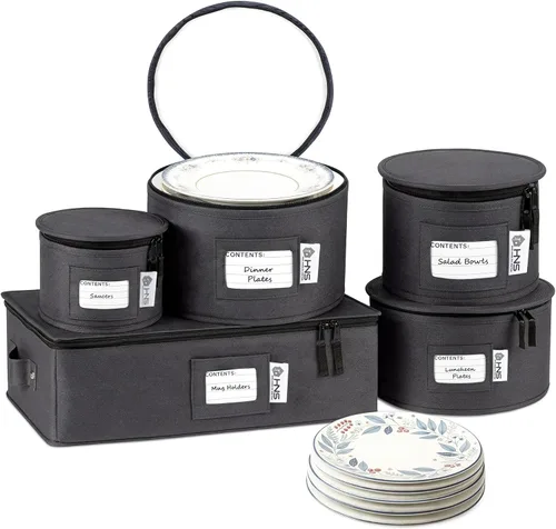 Miniatura 10 de Juego de 5 cajas de almacenamiento de China para vajilla, vasos, platos, tazas y platillos, organizador de platos resistente con divisores