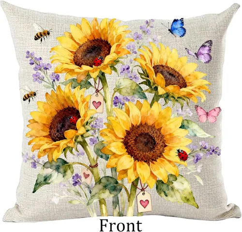 Miniatura 2 de Ramirar Funda de almohada decorativa de verano, acuarela, girasoles amarillos, flores, mariposas, verano, para el hogar, sala de estar, cama, sofá