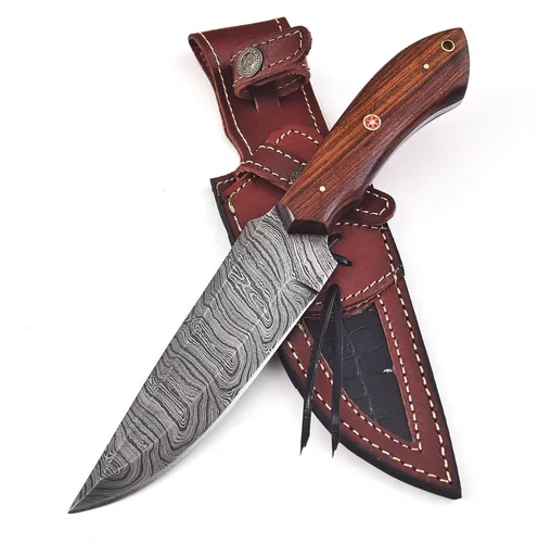 Cuchillo de caza de acero de Damasco forjado a mano con funda de cuero | Cuchillo de hoja fija de 11'' de Damasco con tang completo para hombres y