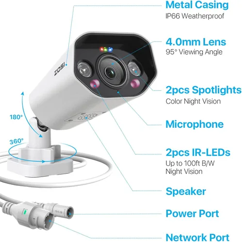 Miniatura 8 de ZOSI 5MP PoE CCTV Camera with Person Vehicle Detection, Outdoor Indoor Bullet Camera, Color Night Vision, 2-Way Audio, Sound & Light Alarm, Home