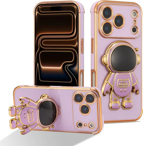 Miniatura 27 de RALEAVO Funda para iPhone 13, bonita funda de astronauta 6D con función de soporte, cubierta de enchapado de lujo, ajuste delgado, TPU suave, Púrpura