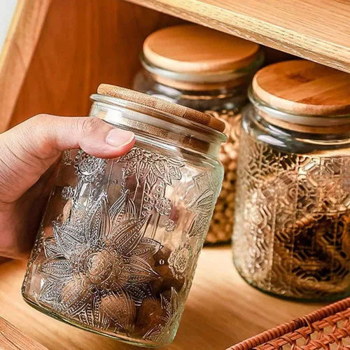 Miniatura 5 de ANSQU Juego de 2 tarros de vidrio vintage, tarros de caramelo de 23.7 onzas líquidas con tapas, tarros de azúcar para despensa de cocina del hogar