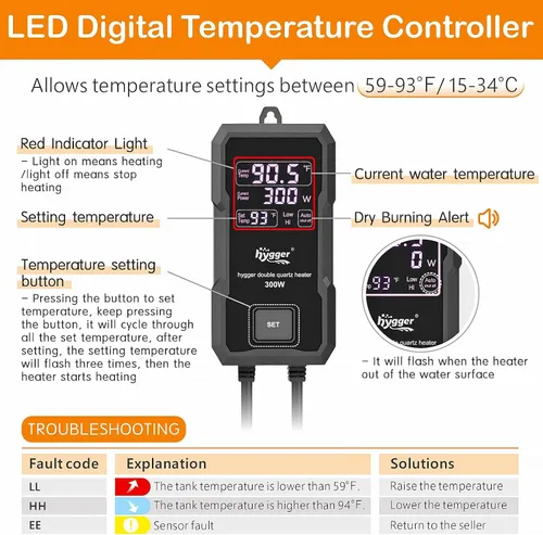 Miniatura 2 de hygger Calentador para Acuarios 300W/500W/800W/1000W, Calentador Sumergible para Tanque de Peces con Controlador LED Digital y Sistema Inteligente