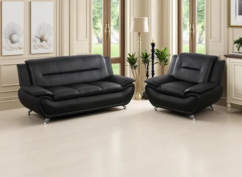 Miniatura 25 de Juego de sofá de cuero (3 piezas, cuero negro B), muebles de sala de estar para apartamento, material de estilo minimalista, fácil montaje B-cuero