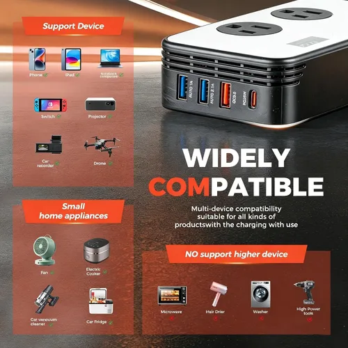 Miniatura 5 de inversor de corriente para coche de 300 W, adaptador de toma de corriente para coche CC 12 V a CA 110 V con USB-C PD 25W, QC3.0 y pantalla LCD