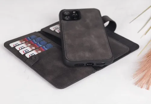 Miniatura 4 de HARDISTON Funda de piel auténtica de alta calidad hecha a mano para iPhone 11 Pro de 5.8 pulgadas, tarjeteros de doble folio, funda magnética Negro